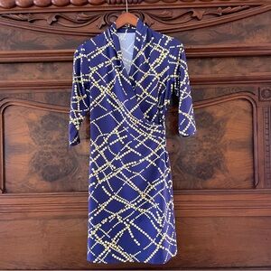 SALE J. McLaughlin Faux Wrap Dress 3/4 Sleeve Purple, Yellow/Gold Pearls Small